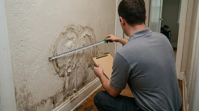 Person with a clipboard and tape measure checking water-damaged drywall