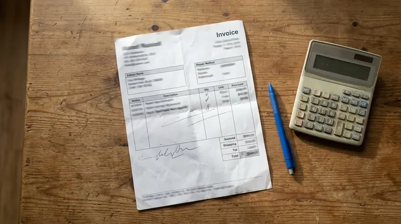 Repair bill pages, a calculator and a pen on a table