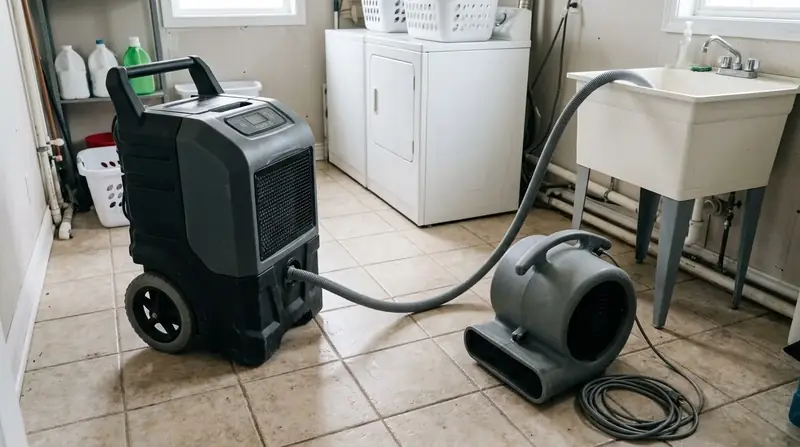 Commercial dehumidifier with its drain hose running into a sink