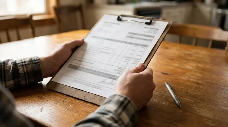 Hands holding a clipboard with a written work estimate at a kitchen table