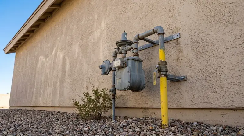 Residential gas meter and shutoff valve on a stucco wall