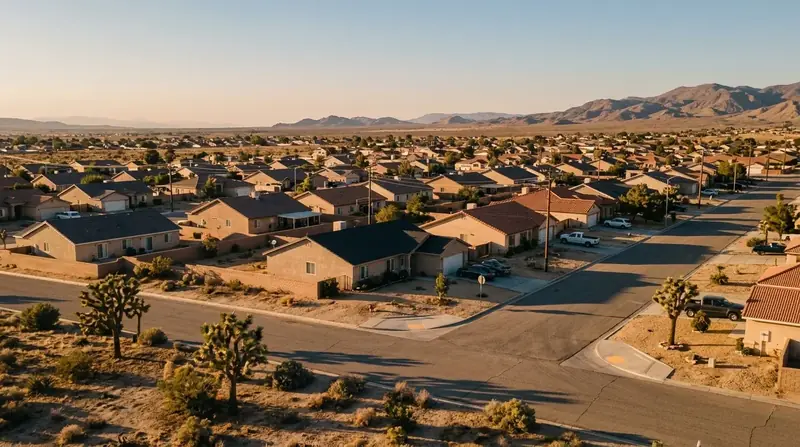 Single-story stucco homes and Joshua trees in a high desert neighborhood at golden hour