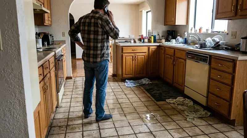 Homeowner on a phone call in a kitchen with water on the floor