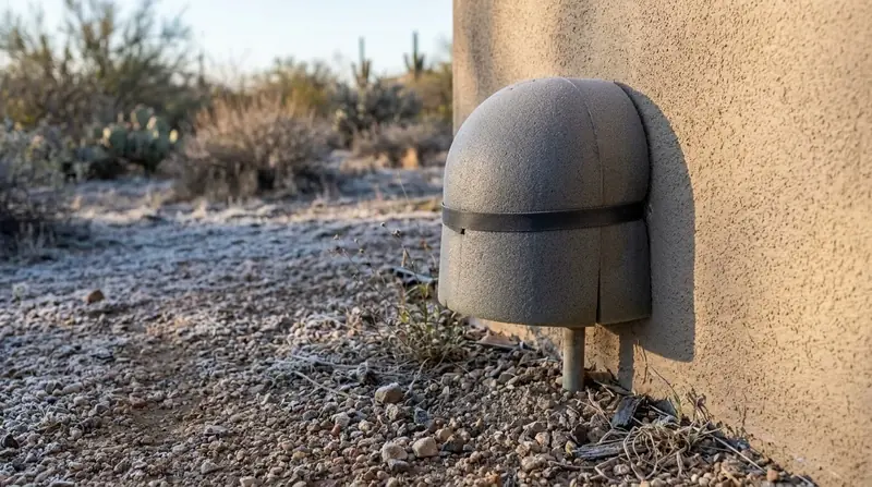 Foam insulating cover on an outdoor faucet on a stucco wall with frost on the ground