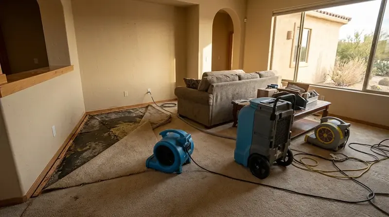 Dehumidifier and air movers drying a carpeted living room with the carpet pulled back