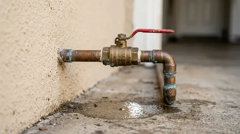 Brass main water shutoff valve with a red lever on a copper pipe by a stucco wall