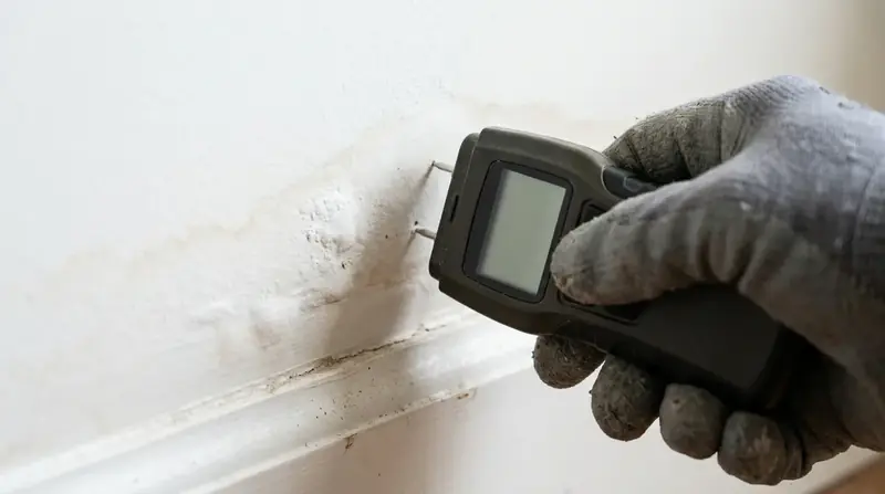 Gloved hand pressing a moisture meter against water-stained drywall
