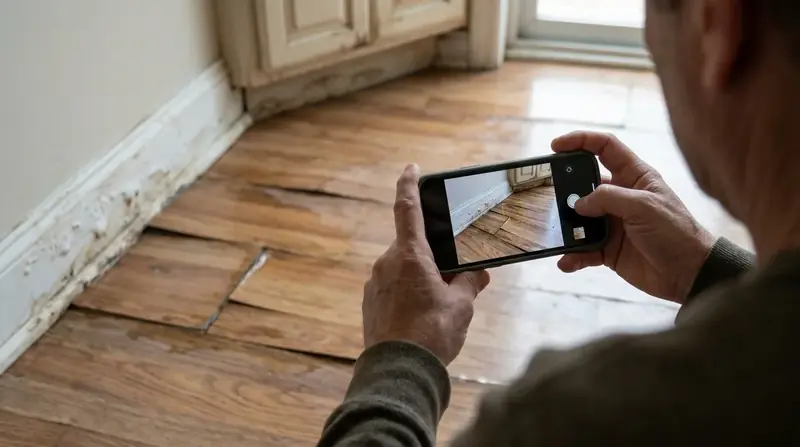 Hands holding a phone to photograph buckled wet laminate flooring