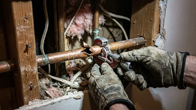 Hands cutting out a damaged section of copper water pipe
