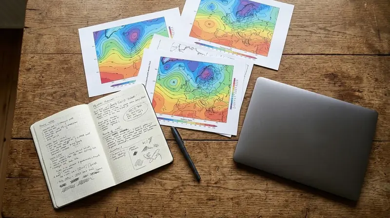 Desk with a notebook, printed weather records and a laptop, seen from above