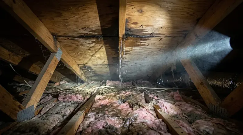 Rainwater dripping through a roof seam onto wet attic insulation