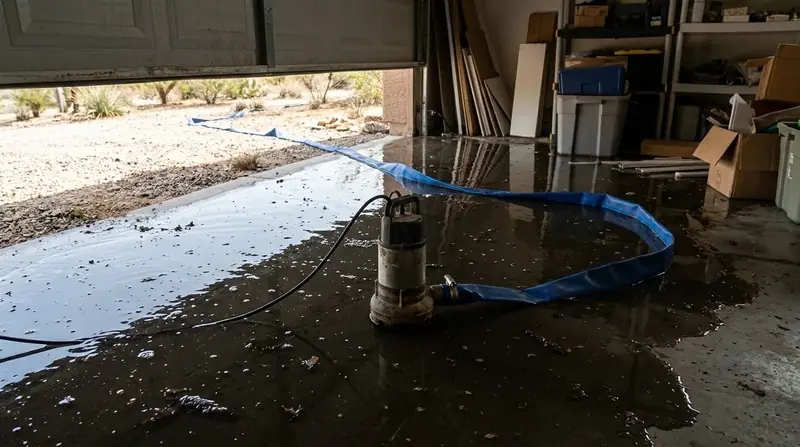 Portable pump in standing water with a discharge hose running out the door
