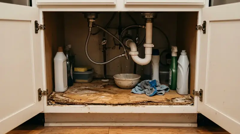 Dripping supply line and swollen cabinet floor under a kitchen sink