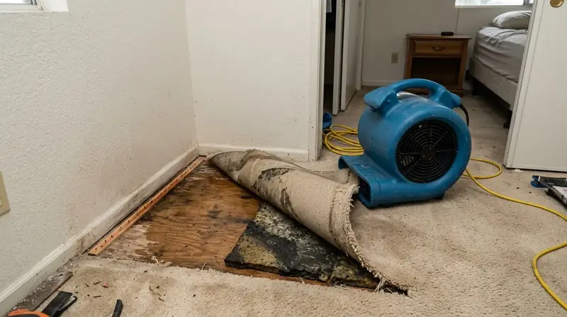 Wet carpet pulled back from the corner of a room to show the soaked pad