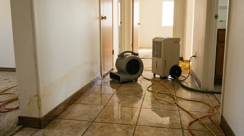 Air mover and dehumidifier drying a wet tile hallway in a single-story stucco home